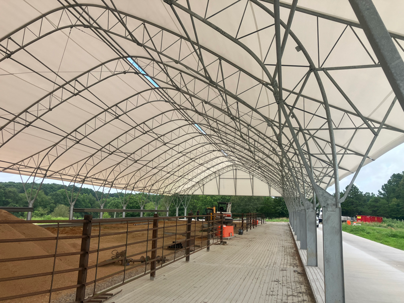 Inside view of Nick Patterson’s Accu-Steel Integrity Building, where he feeds his cattle.